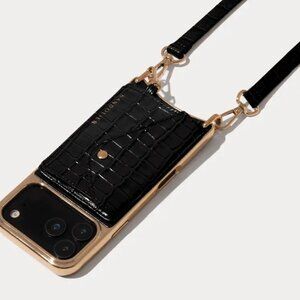 Bandolier Black Croc-Embossed Phone Crossbody with Gold Hardware